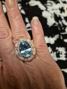 NIB D'Joy Sky Blue Topaz Moissanite Pink Coral Halo Ring Rhodium Over Sterling 9